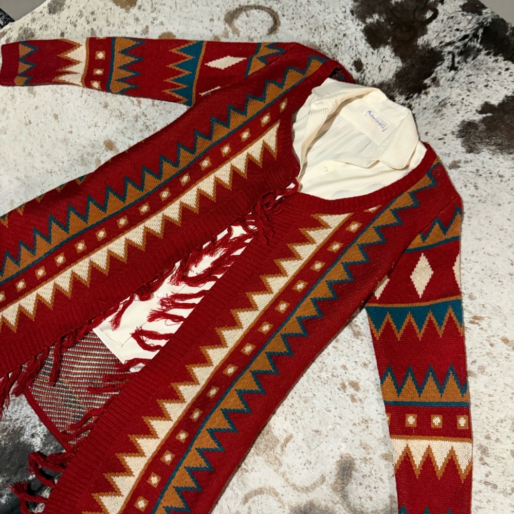 Rods Geometric Knit Cardigan with layered button up underneath!